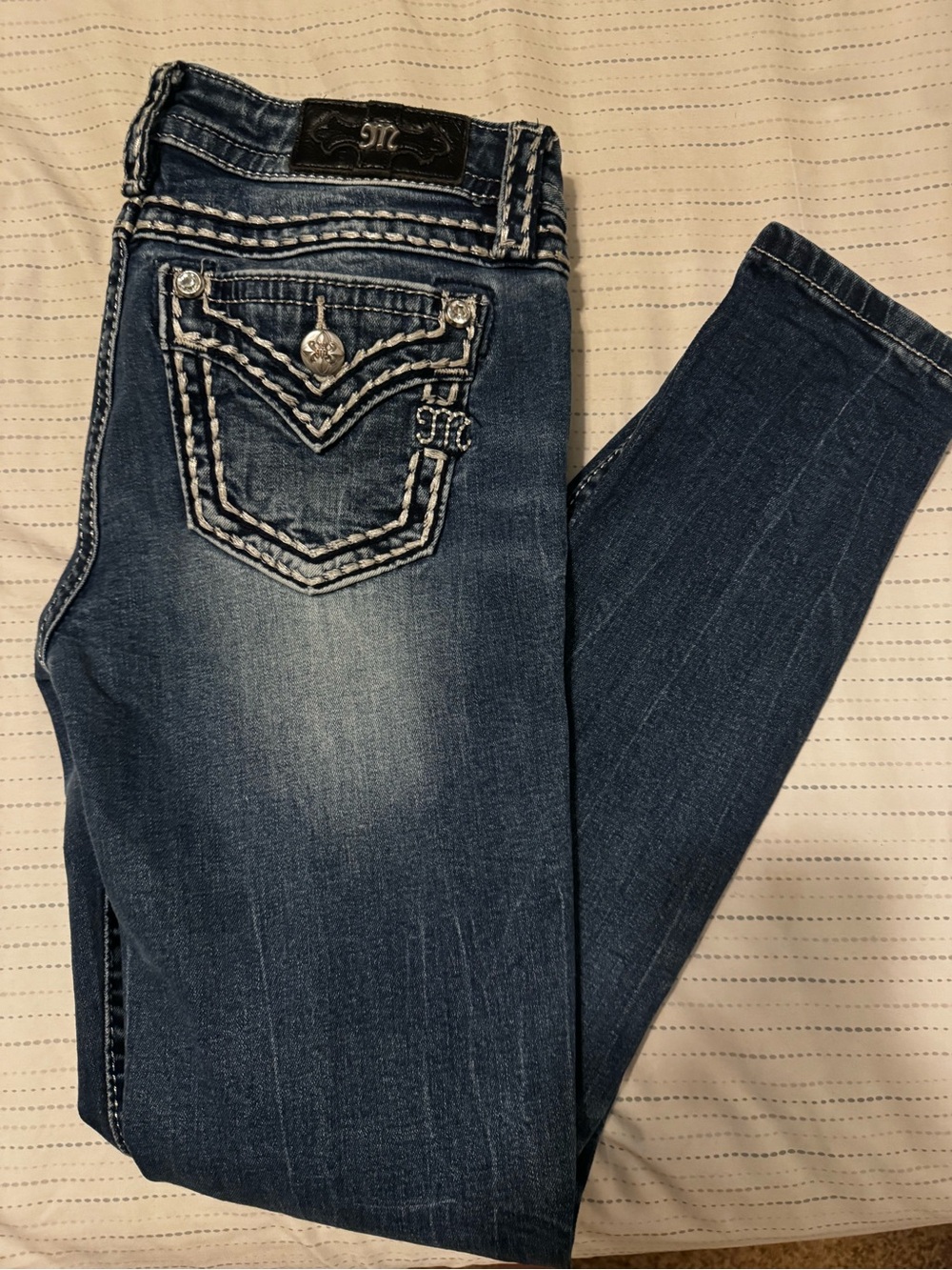Miss Me Dark Blue Embroidered Pocket Skinny Jeans